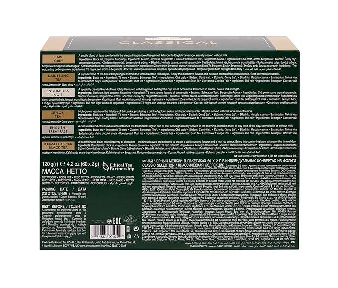 Ahmad Tea Black Tea, Classic Selection Pack Teabags, 60 Foil Teabags - Caffeinated, Decaffeinated, & Sugar-Free