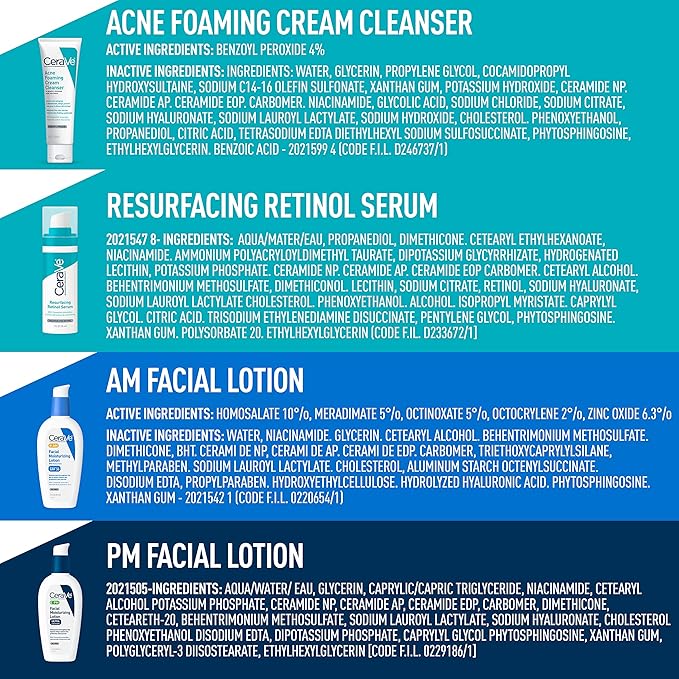 CeraVe Acne Skin Care Set, 5oz Acne Foaming Cream Cleanser + 1oz Resurfacing Retinol Serum + 2oz AM Facial Moisturizing Lotion with SPF 30 + 2oz PM Facial Moisturizing Lotion