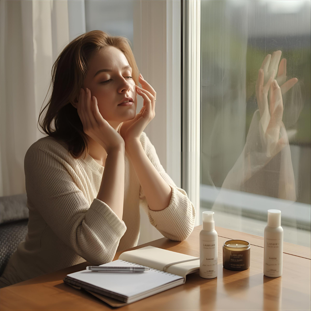 A woman sitting quietly by a window in soft natural light, gently applying skincare with her hands, surrounded by a candle, journal, and minimal Lanijam products — reflecting a calm and mindful self-care moment.