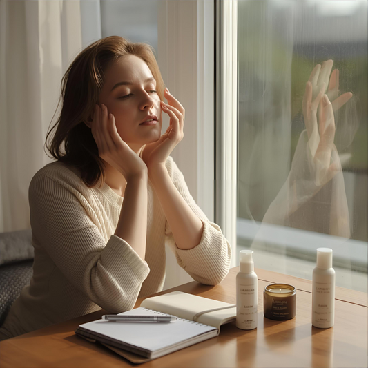 A woman sitting quietly by a window in soft natural light, gently applying skincare with her hands, surrounded by a candle, journal, and minimal Lanijam products — reflecting a calm and mindful self-care moment.
