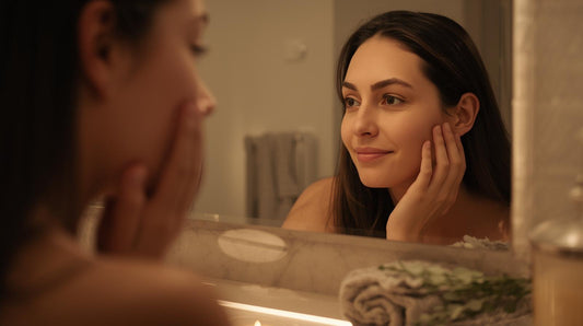 A calm woman gently touching her cheek with a few visible blemishes, standing in front of a softly lit mirror in a quiet, minimal bathroom.