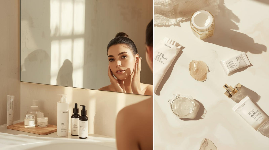 A woman gently applying skincare in front of a sunlit mirror, surrounded by neatly arranged minimal skincare products in a calm, beige-toned bathroom.