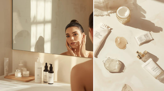 A woman gently applying skincare in front of a sunlit mirror, surrounded by neatly arranged minimal skincare products in a calm, beige-toned bathroom.