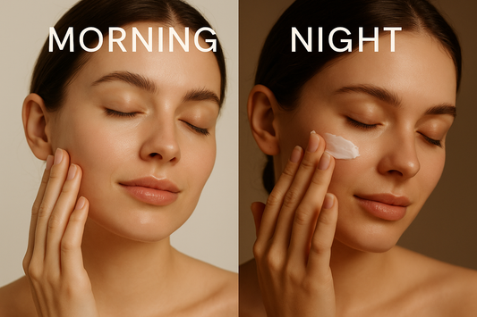 Split image of a young woman applying morning skincare in soft daylight on the left, and night cream in warm light on the right, representing a day-to-night skincare routine.