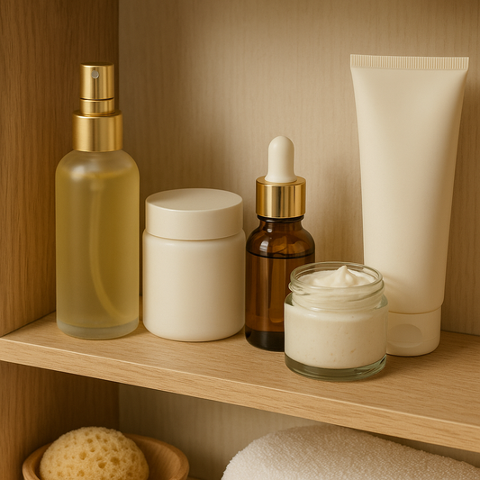 A neatly organized wooden shelf displaying natural skincare products in minimalist packaging, including amber glass bottles, cream jars, and frosted containers, softly lit to highlight their clean, calming aesthetic.