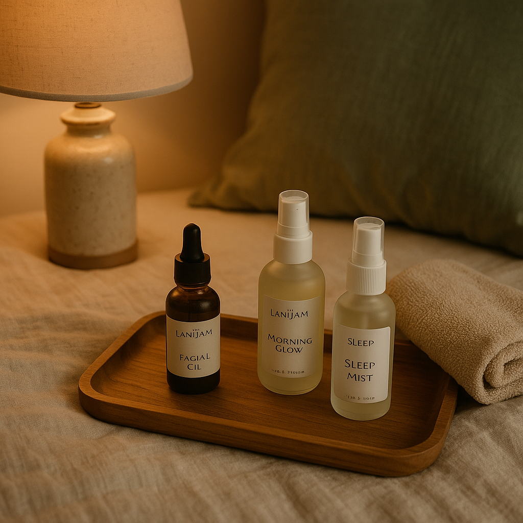 A soft-lit night scene featuring natural skincare products on a bedside table, with a candle glowing and a calming, cozy atmosphere — ideal for a bedtime self-care ritual.