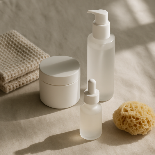 Minimalist skincare products arranged on a neutral fabric with natural light — featuring a cream jar, pump bottle, dropper bottle, soft sponge, and folded towels for a calm and soothing self-care aesthetic.