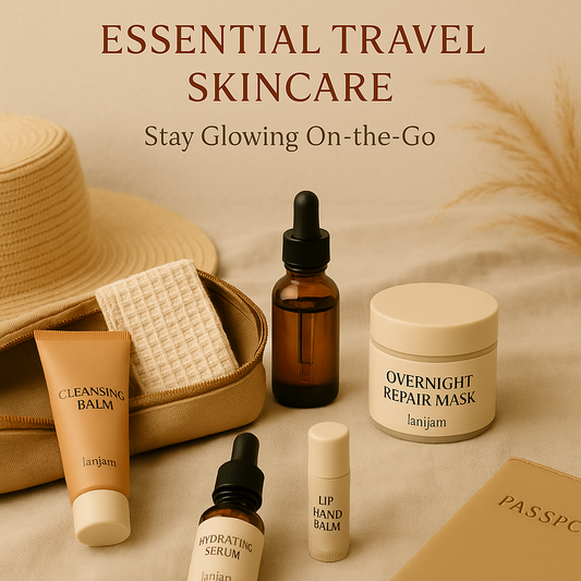 Lanijam travel skincare essentials with cleansing balm, hydrating serum, overnight mask, and lip & hand balm arranged on beige fabric with a sun hat and passport.