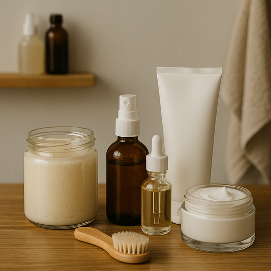An aesthetic arrangement of natural skincare products and minimalist cosmetic containers placed on a clean surface, representing a gentle and simplified skincare routine.