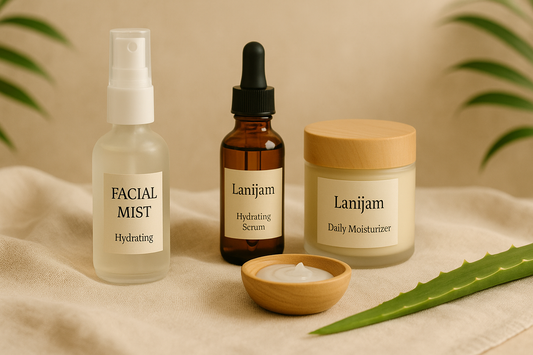 Lanijam facial mist, hydrating serum, and daily moisturizer displayed on beige linen with aloe and tropical leaves.
