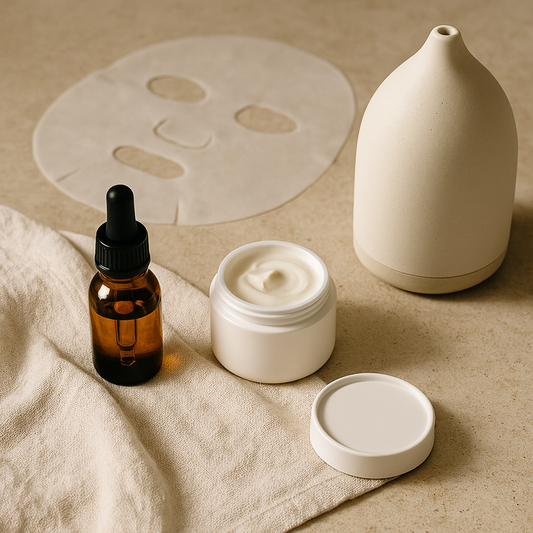 An elegant arrangement of natural skincare products, including cream jars, balms, and sheet masks, displayed on a clean surface with soft lighting — evoking a calm and healing skincare ritual.