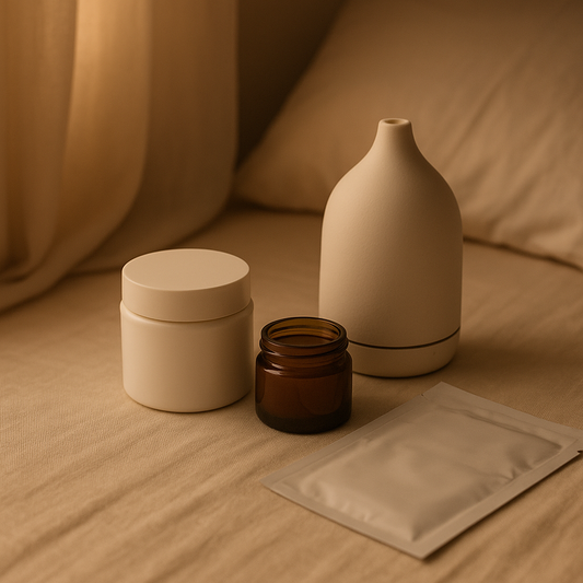 A minimalist arrangement of a white skincare cream jar and calming accessories on a soft surface, evoking a peaceful nighttime skincare ritual.