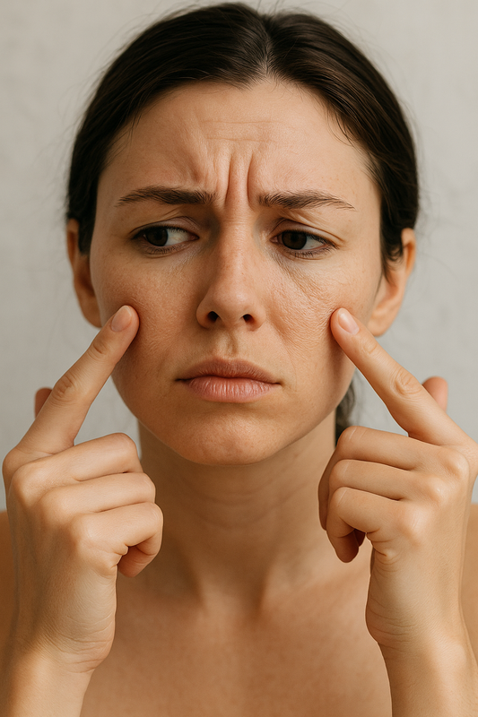 A close-up of a fair-skinned woman with glowing, hydrated skin, highlighting the difference between dry and dehydrated skin through a healthy complexion.