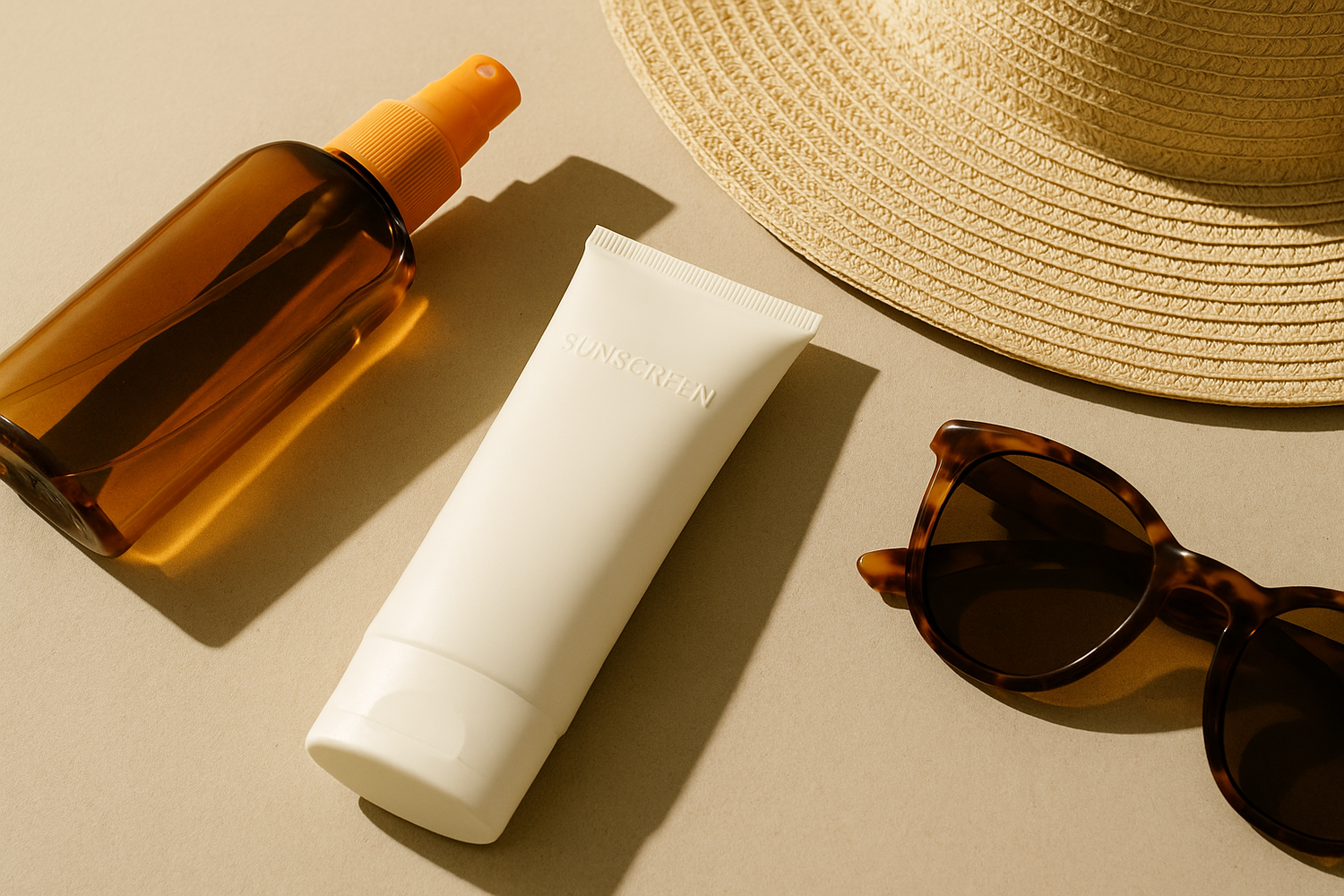 A minimal flatlay of elegant sun protection products with natural elements like leaves and sunlight shadows – part of LaniJam’s Sun Protection collection.