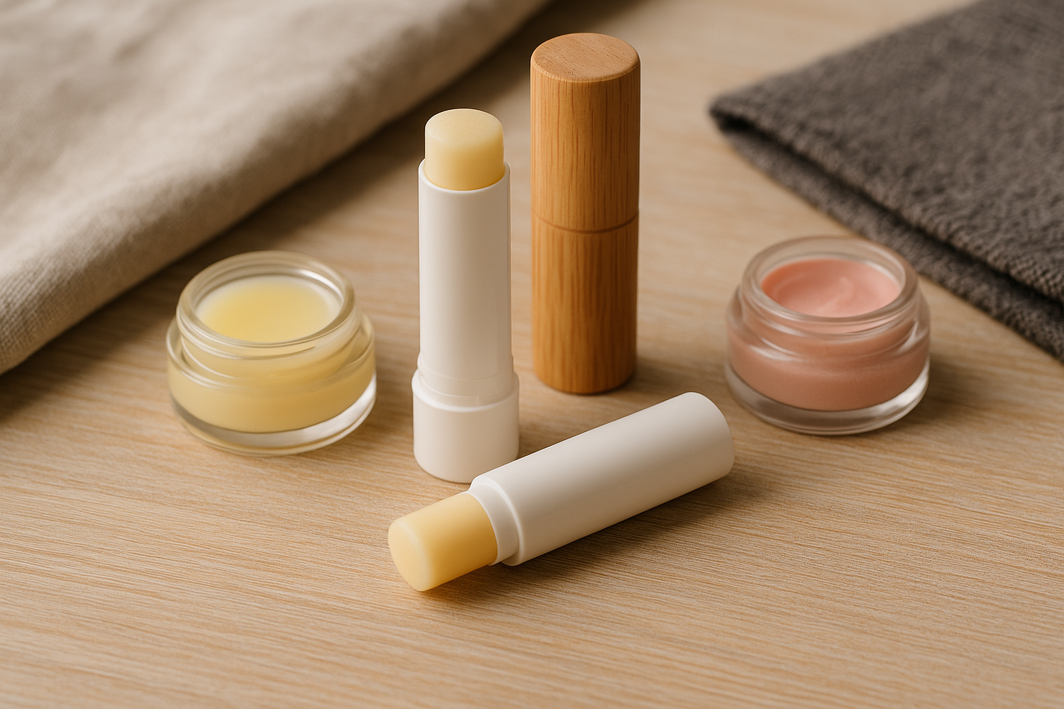 A cozy flatlay of lip care products including balm, scrub, and oil, styled with soft textures and warm lighting – part of LaniJam’s Lip Care Sets collection.