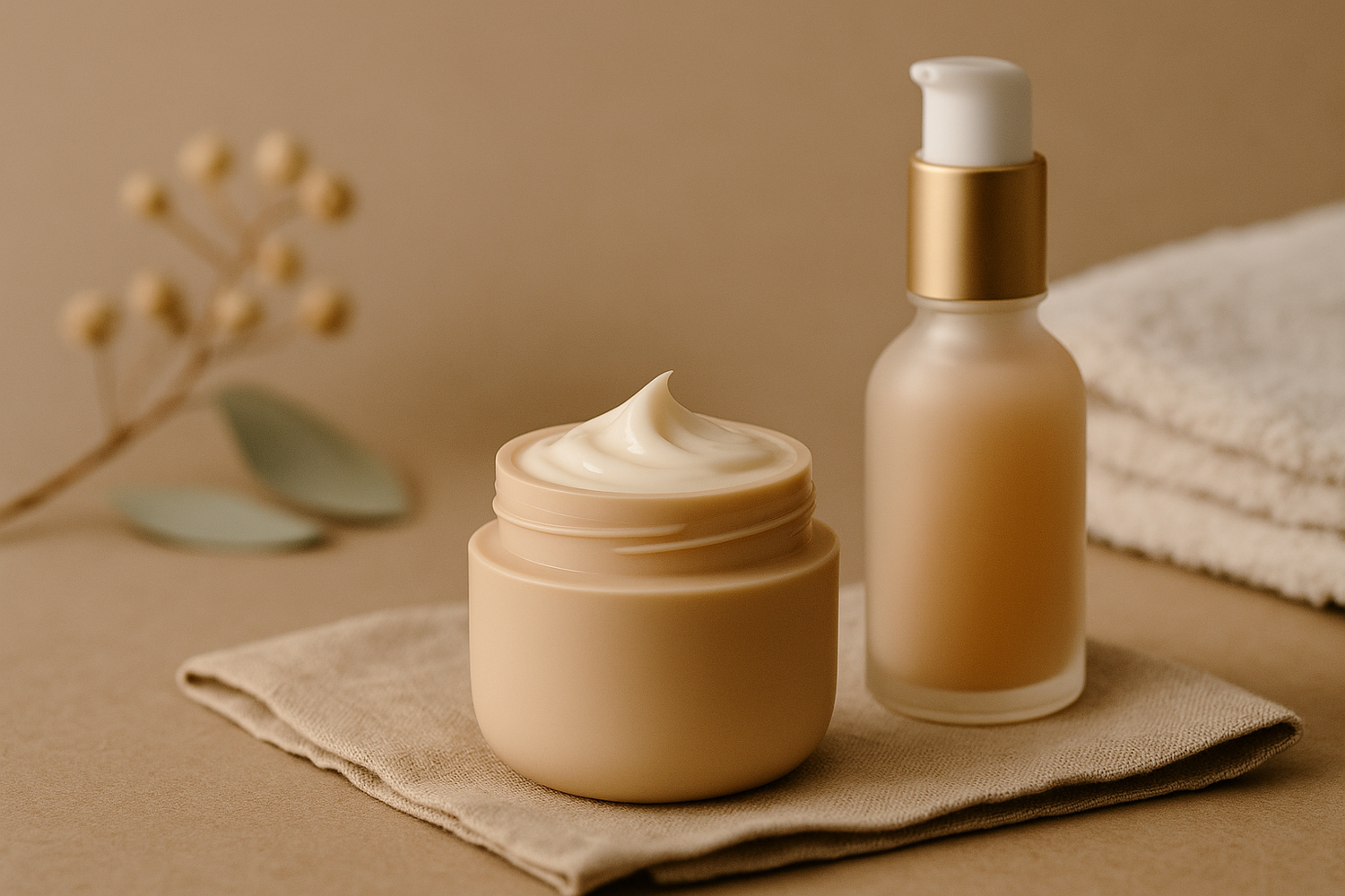 A graceful flatlay featuring neck cream and serum bottles on a neutral background, styled with soft towels and minimal decor – part of LaniJam’s Neck Creams & Serums collection.