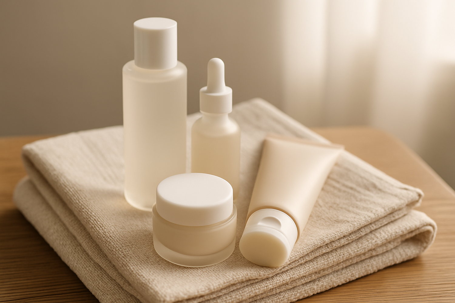 A neatly arranged flatlay of skincare products in a matching set, placed on soft towels with natural light – part of LaniJam’s Skincare Sets collection.