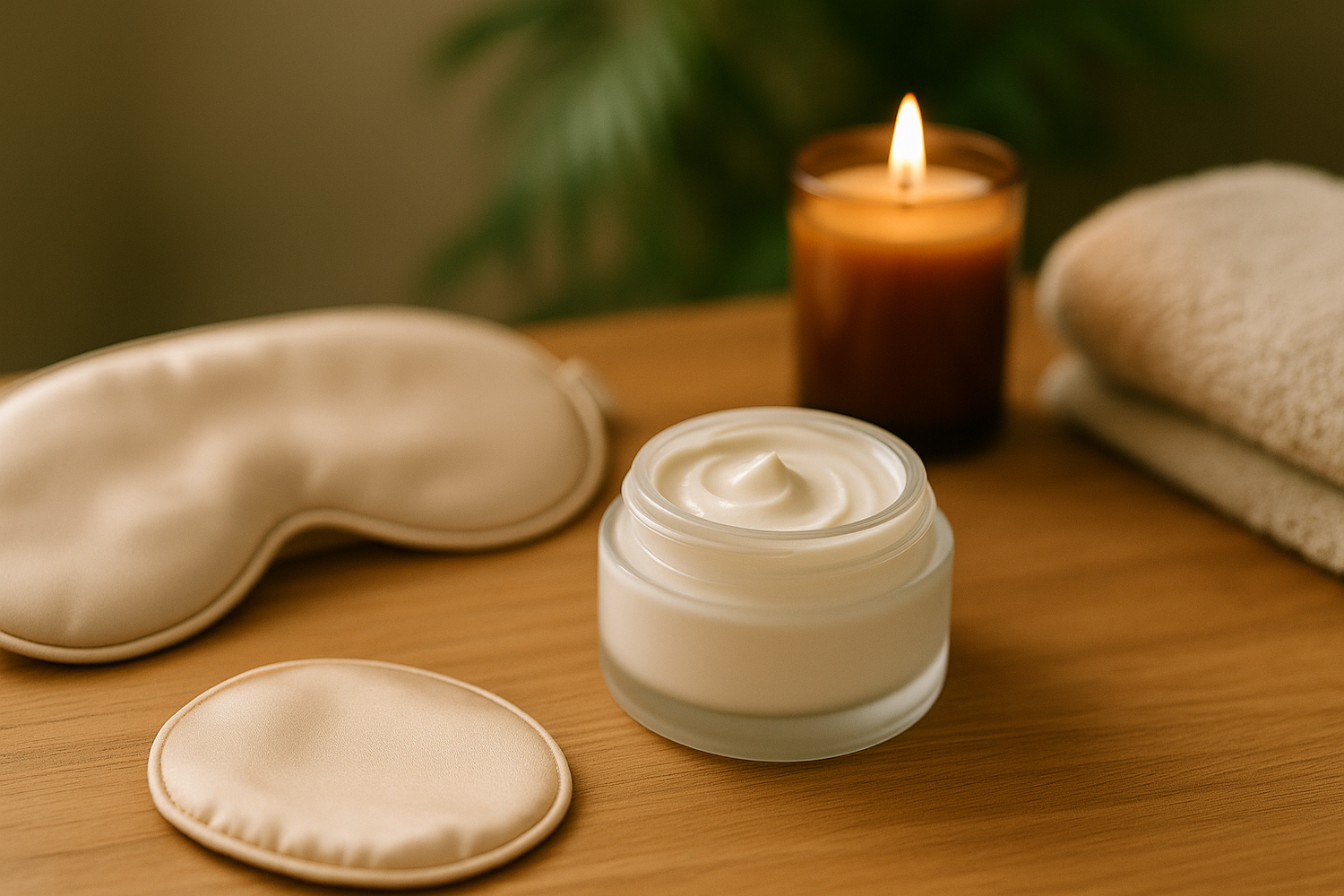 A jar of night cream with a soft texture, placed on a linen surface beside a candle and dried flowers – part of LaniJam’s Night Creams collection.