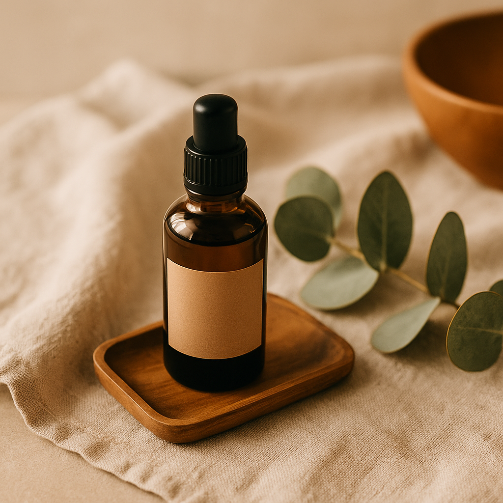 A warm-toned flatlay of a massage oil bottle with natural elements like eucalyptus, linen, and a wooden tray – part of LaniJam’s Massage Oils collection