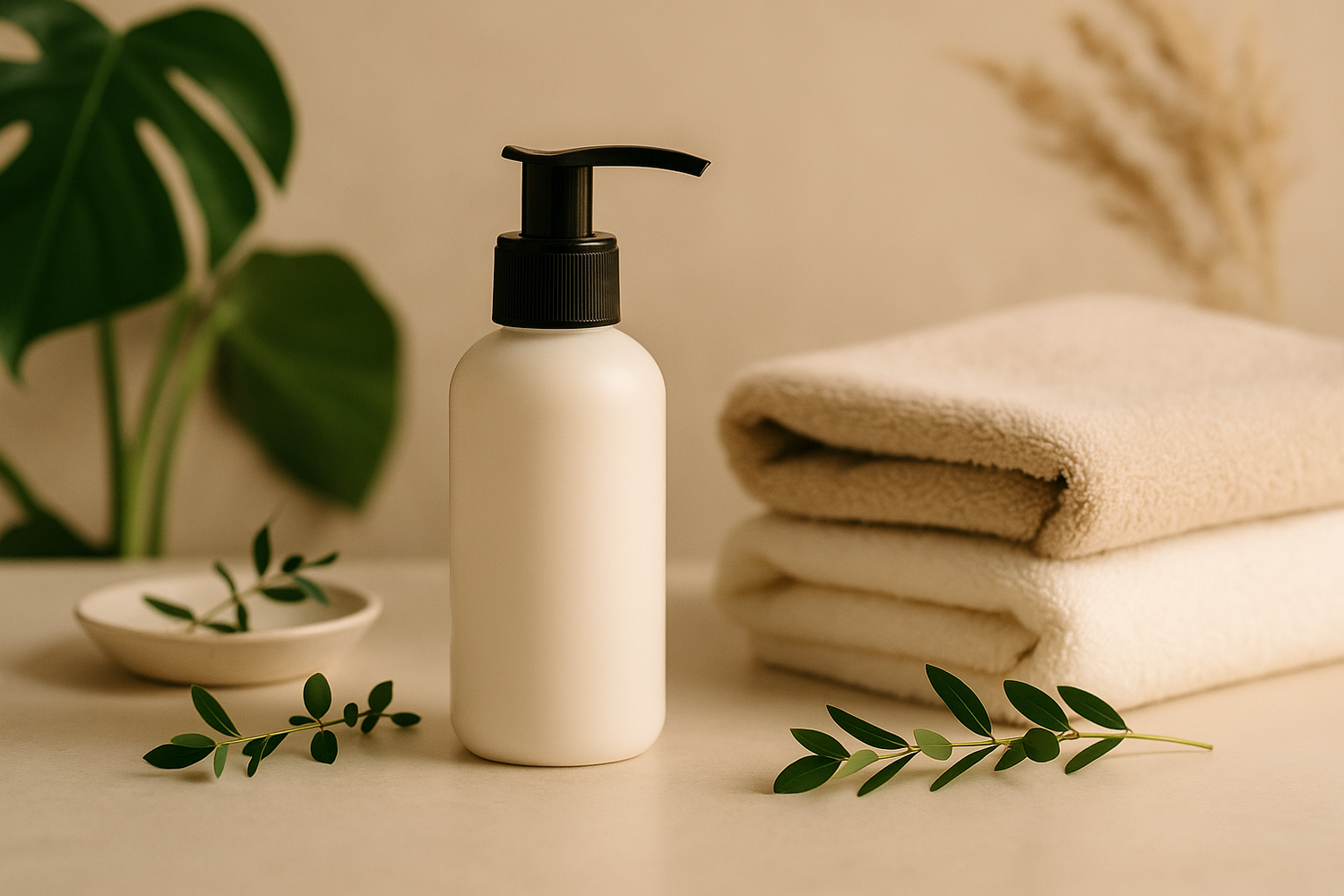 A minimalist spa-style arrangement featuring a pump bottle of massage lotion, soft towels, and botanical accents – part of LaniJam’s Massage Lotions collection.
