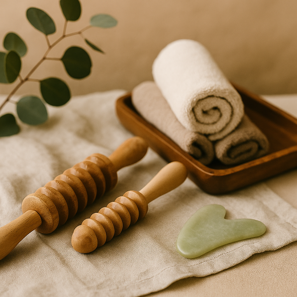 A serene flatlay of full-body massage tools including wooden rollers and gua sha, styled with towels and calming natural elements – part of LaniJam’s Full-Body Massage Tools collection.