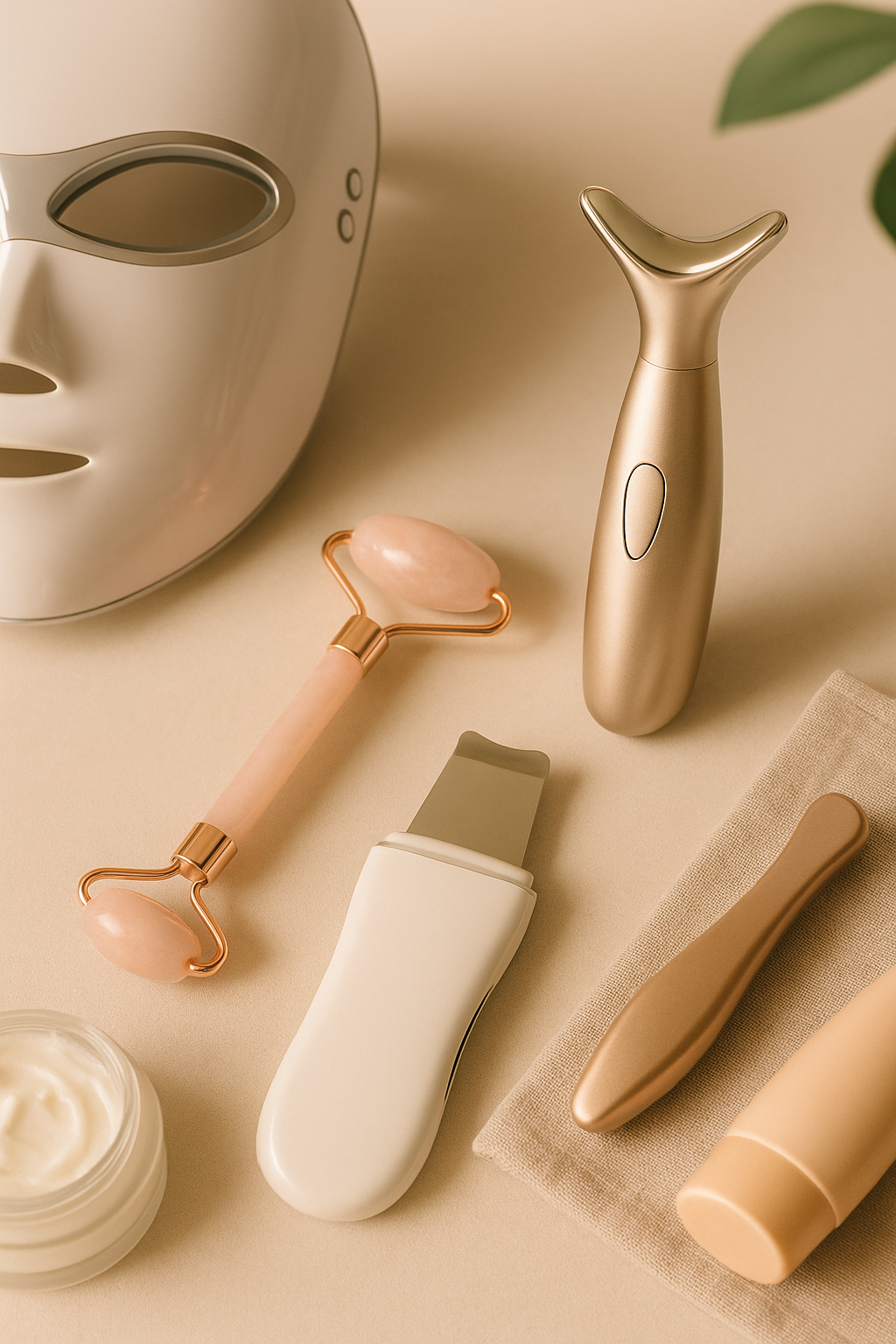 A softly styled flatlay featuring facial wrinkle and anti-aging tools like LED devices, rollers, and lifting wands – part of LaniJam’s Wrinkle & Anti-Aging Devices collection.