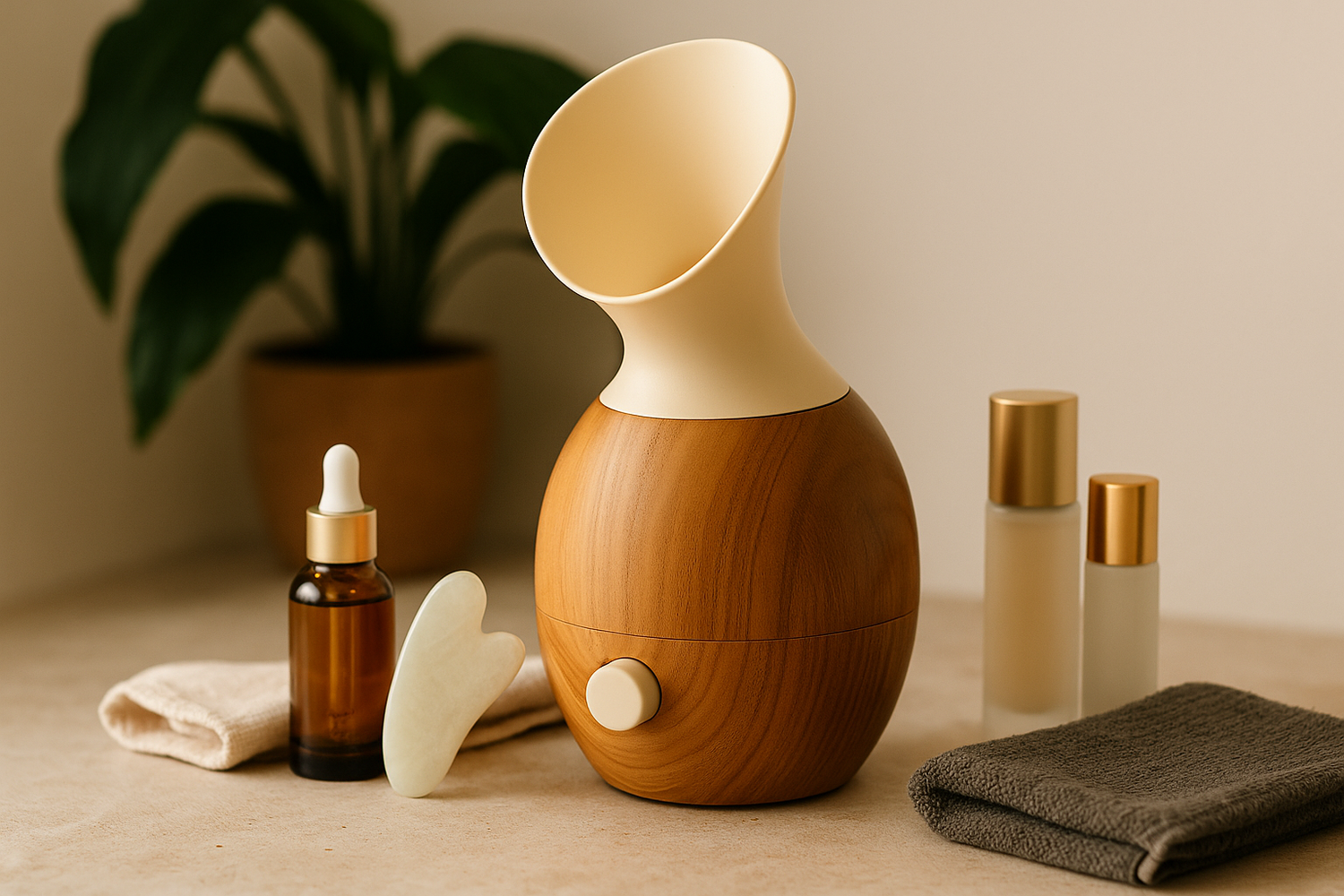 A facial steamer placed on a linen counter with a towel and glass bowl, styled in a calm spa-inspired setting – part of LaniJam’s Facial Steaming Tools collection.