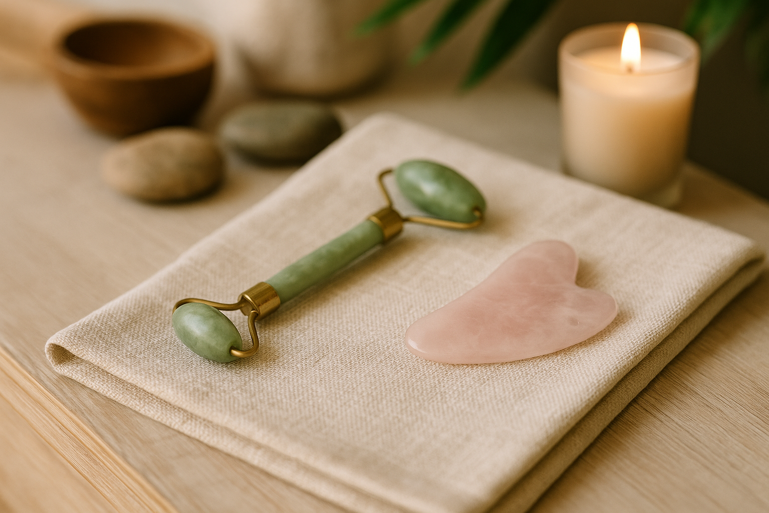 A clean flatlay of facial massage tools like gua sha and jade rollers on a linen cloth with calming spa elements – part of LaniJam’s Facial Massage Tools collection.