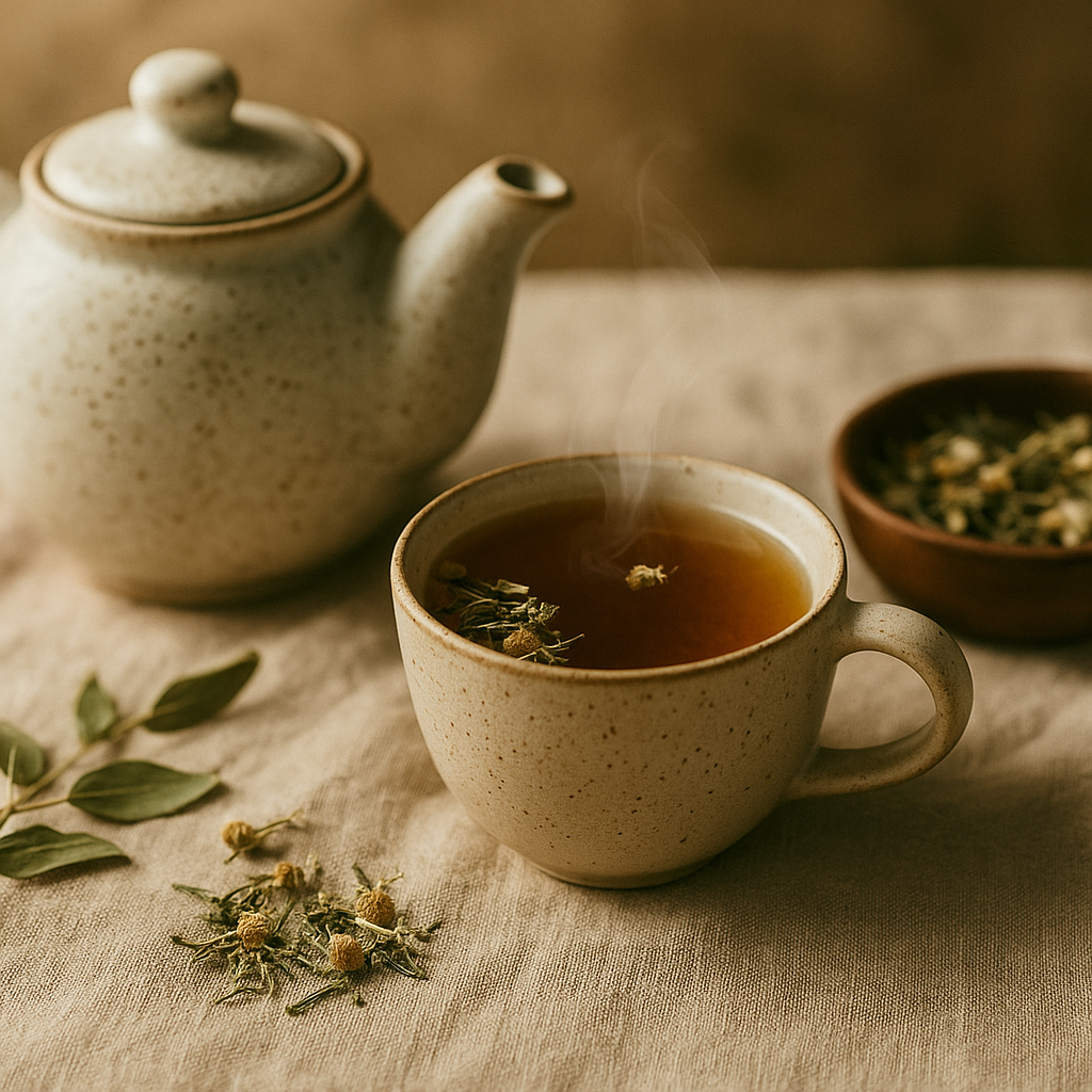 A calming flatlay of herbal tea in a ceramic cup, with dried herbs, steam rising gently, and soft natural textures – part of LaniJam’s Relaxing Organic Herbal Teas collection.