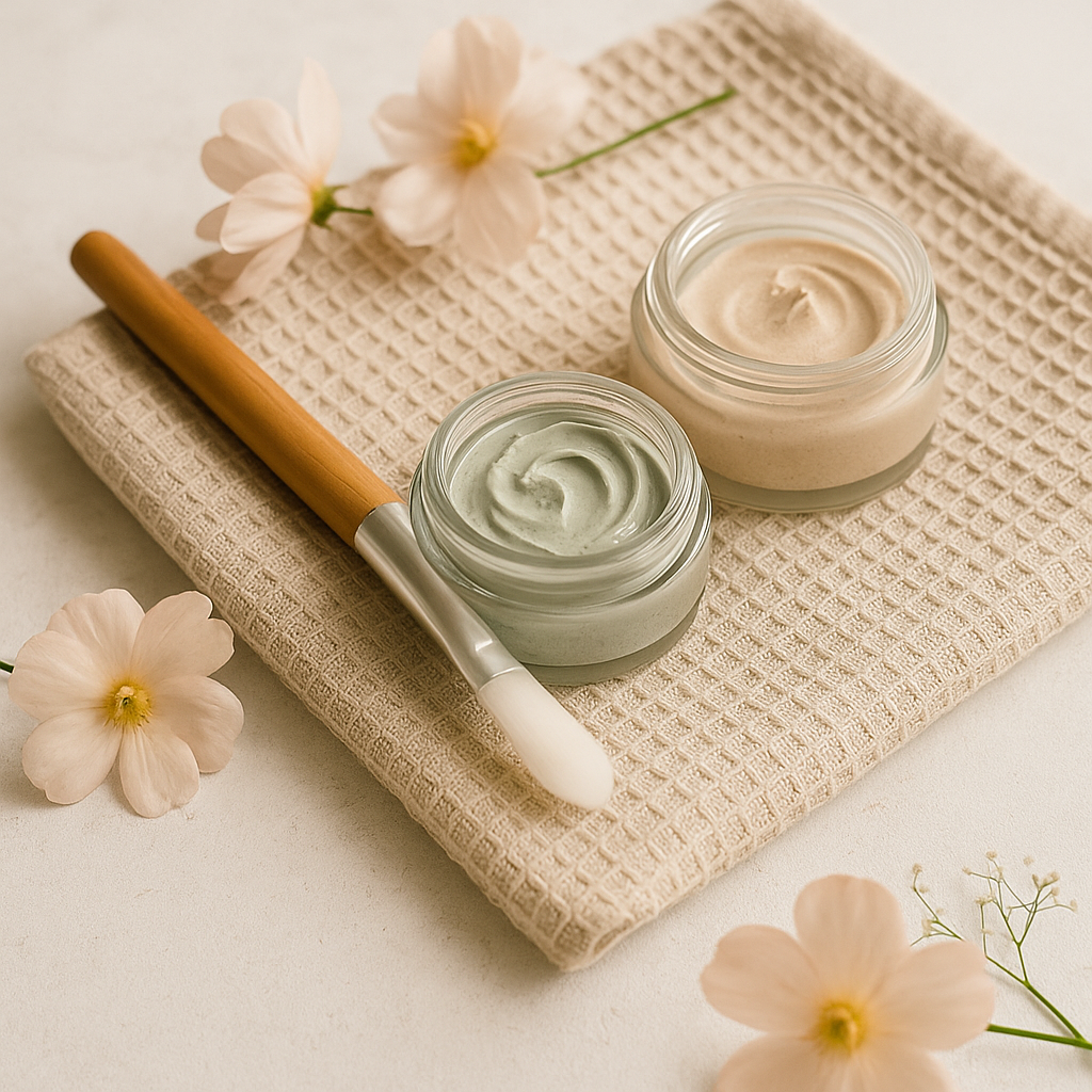 A flatlay of natural face mask jars and applicator brushes on a spa cloth with floral accents – part of LaniJam’s Face Masks collection.