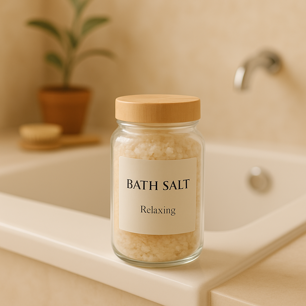 A clear glass jar filled with creamy bath salts labeled 'Bath Salt Relaxing' sits on the edge of a white bathtub, surrounded by soft natural light, a wooden bath brush, and a potted plant in a serene beige-toned bathroom
