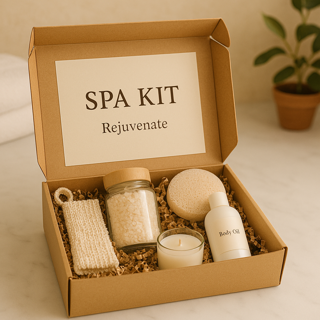 A glass jar of bath salts with a wooden spoon and dried herbs placed beside a bathtub – part of LaniJam’s Bath Salts collection