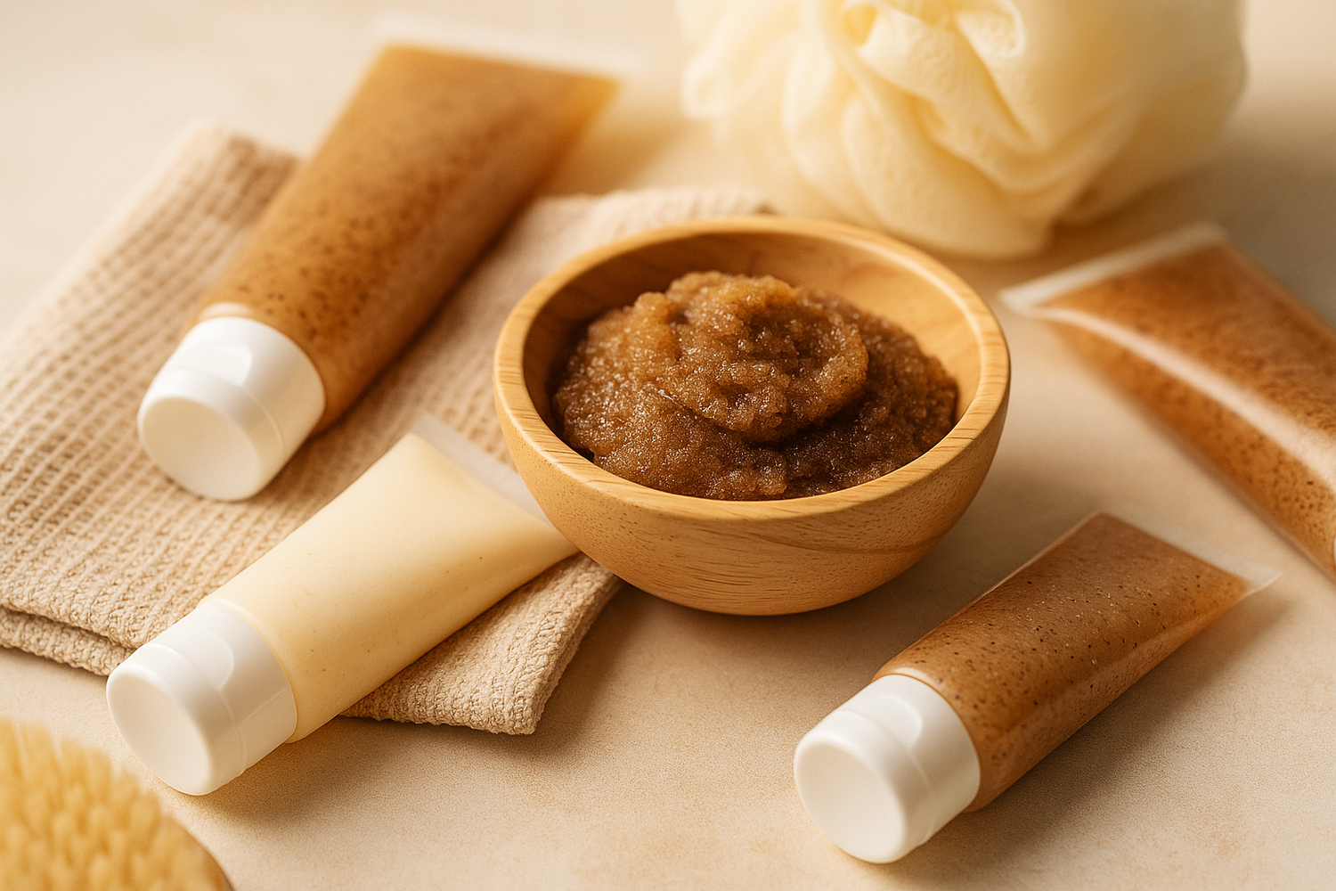 A flatlay of natural body scrub jars opened to show texture, styled with wooden scoops and spa linens – part of LaniJam’s Body Scrubs collection