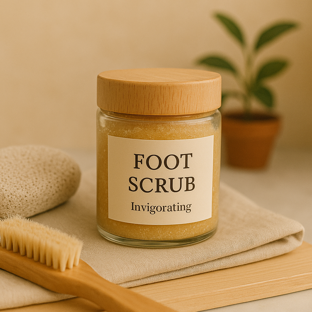 A flatlay of foot scrub jars with natural exfoliants, wooden spoons, and soft towels – part of LaniJam’s Foot Scrubs collection."