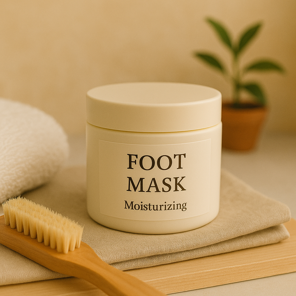 A cream-colored jar labeled "Foot Mask Moisturizing" from LaniJam sits on folded beige linen with a wooden foot brush and soft towel beside it, surrounded by a warm, minimal spa setting with natural light and calming tones.