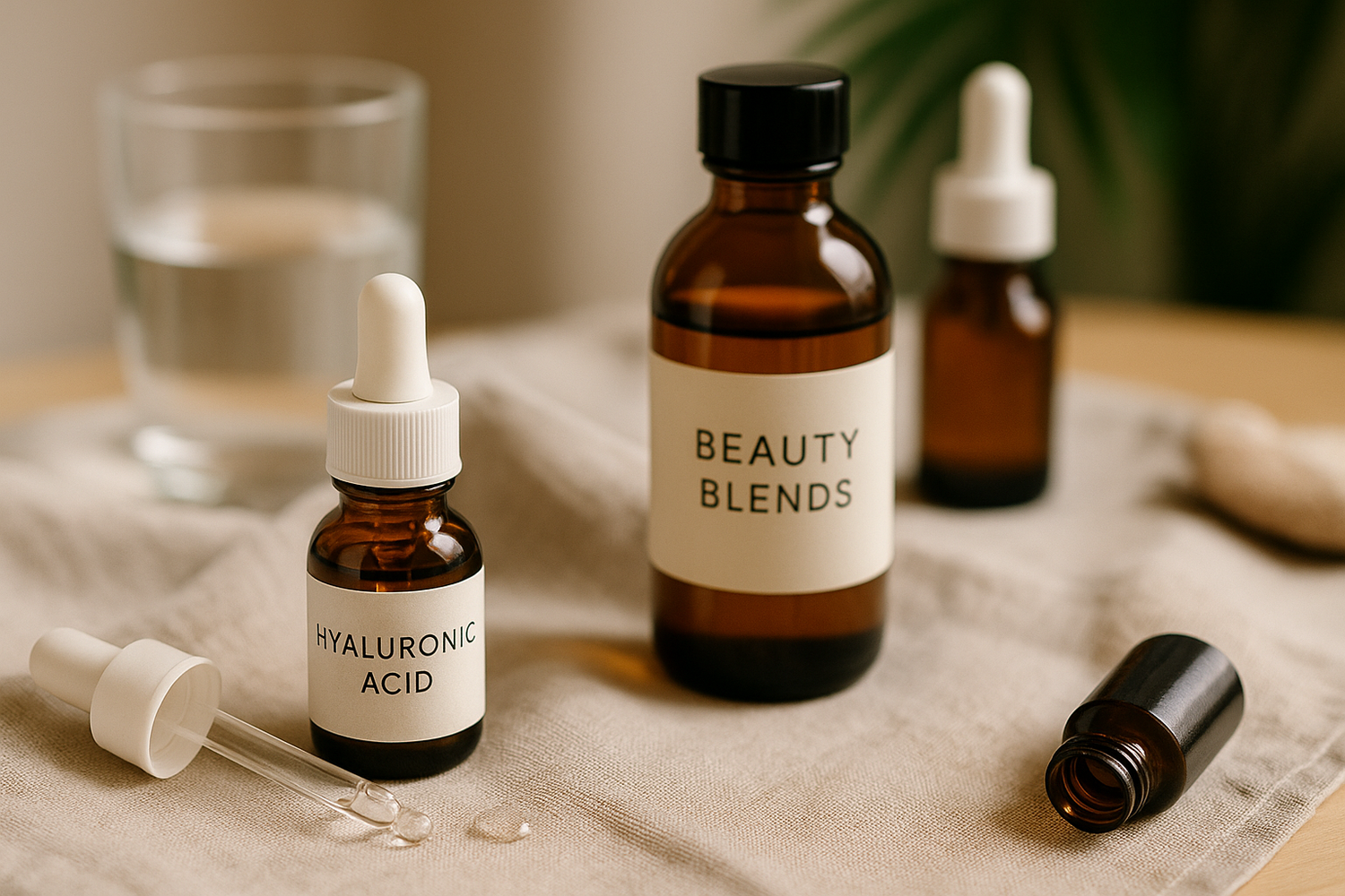A clean flatlay featuring hyaluronic acid droppers and beauty blend bottles with glassware and soft linen – part of LaniJam’s Hyaluronic Acid & Beauty Blends collection.