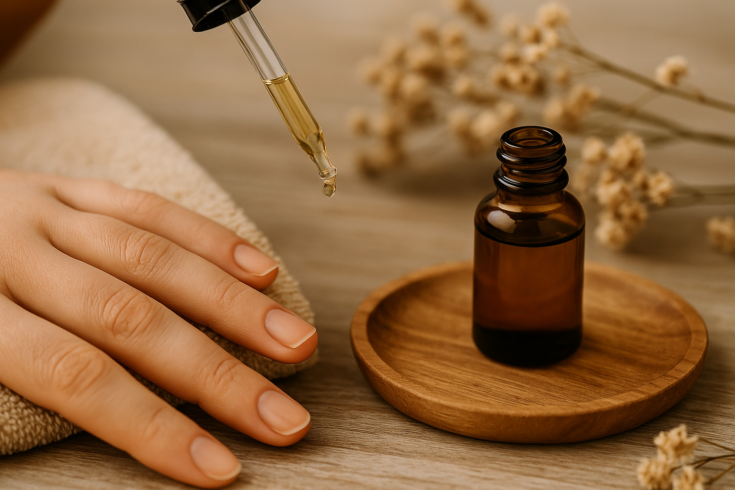 A close-up of a dropper bottle applying cuticle oil to clean, natural nails on a soft towel – part of LaniJam’s Cuticle Oils collection.