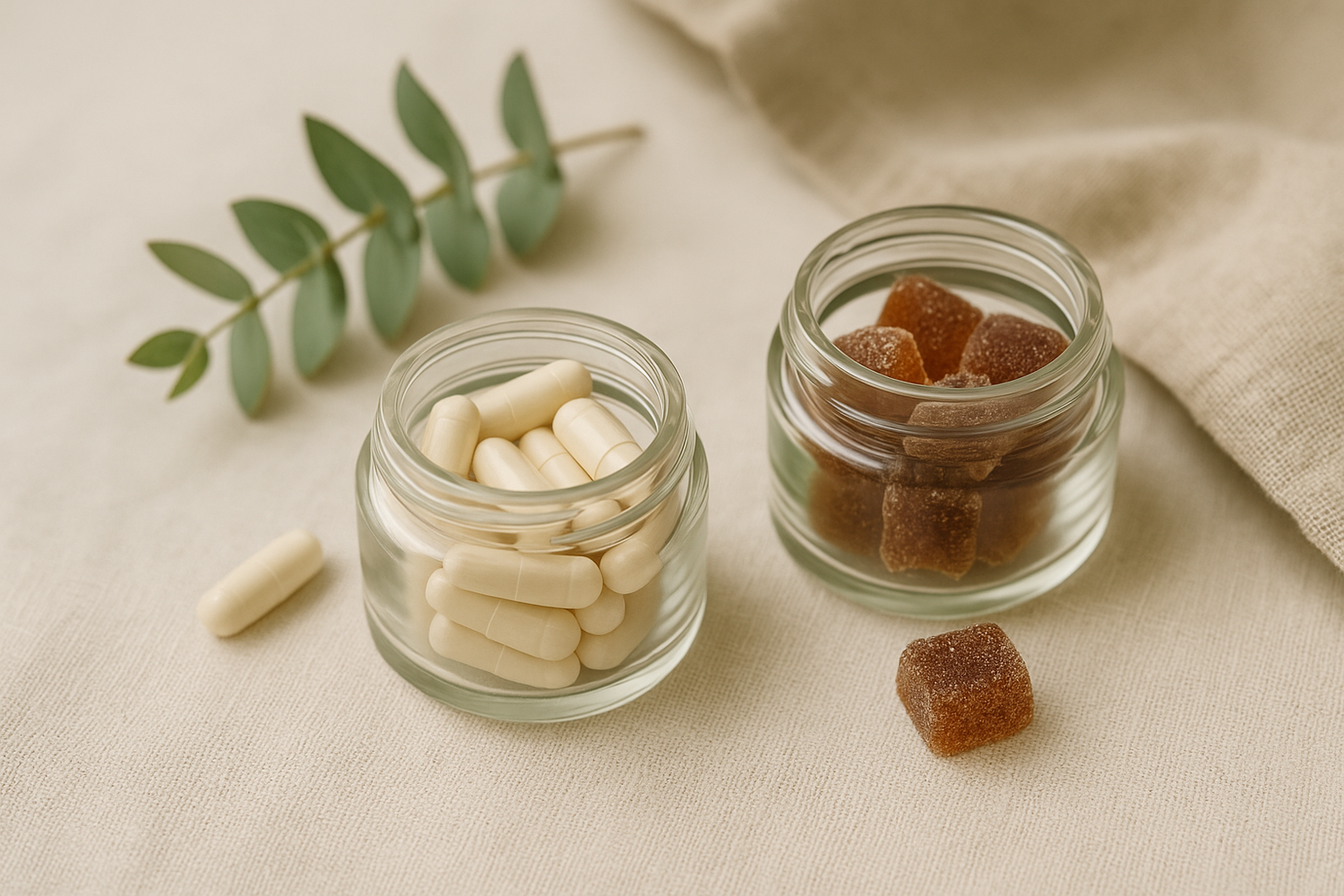 A minimal flatlay featuring biotin capsules and beauty gummies in glass jars, styled with light natural props – part of LaniJam’s Biotin Capsules & Gums collection.