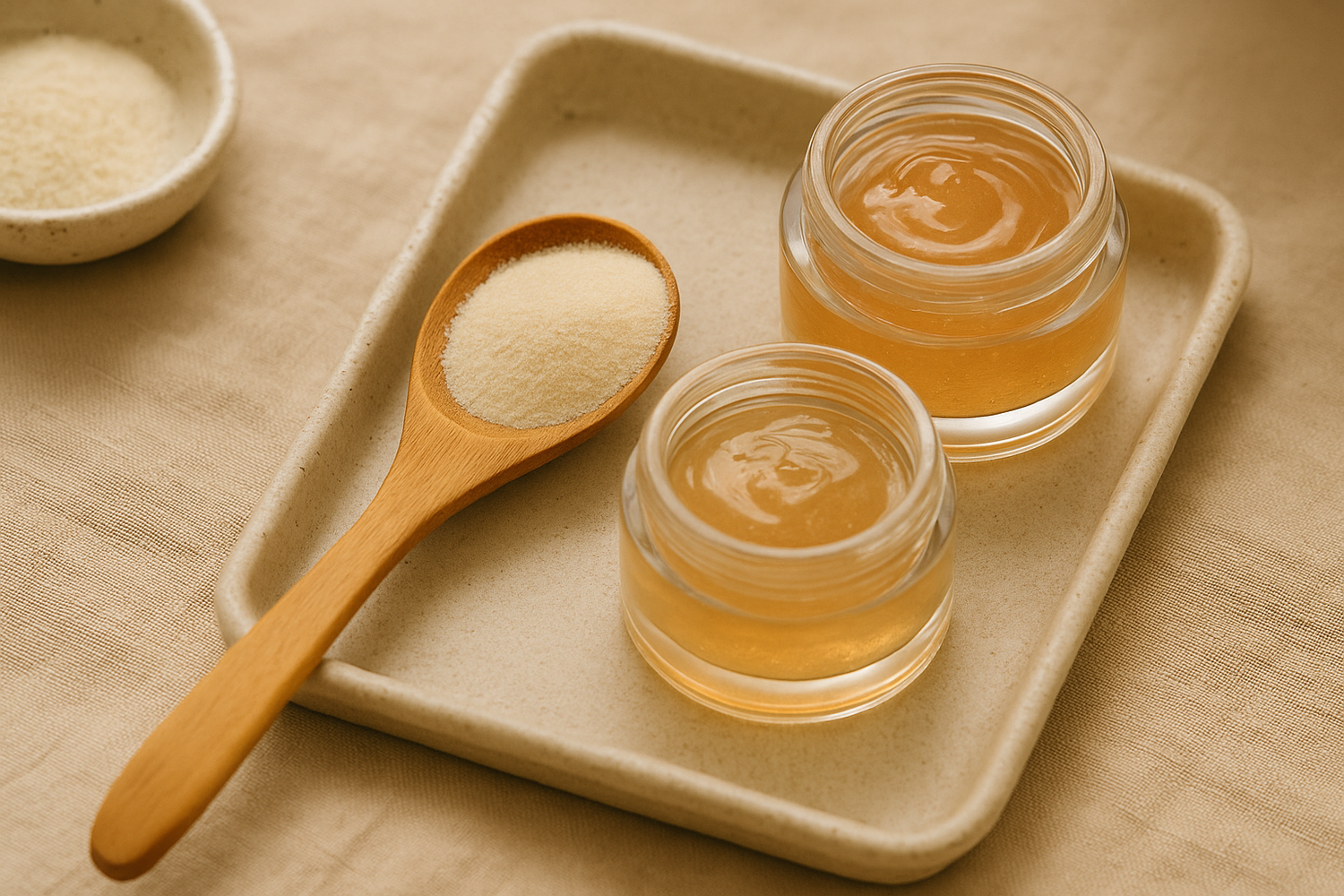 A warm flatlay of collagen powder in a wooden spoon and collagen gel jars on a linen tray with soft natural light – part of LaniJam’s Collagen Powders & Gels collection.