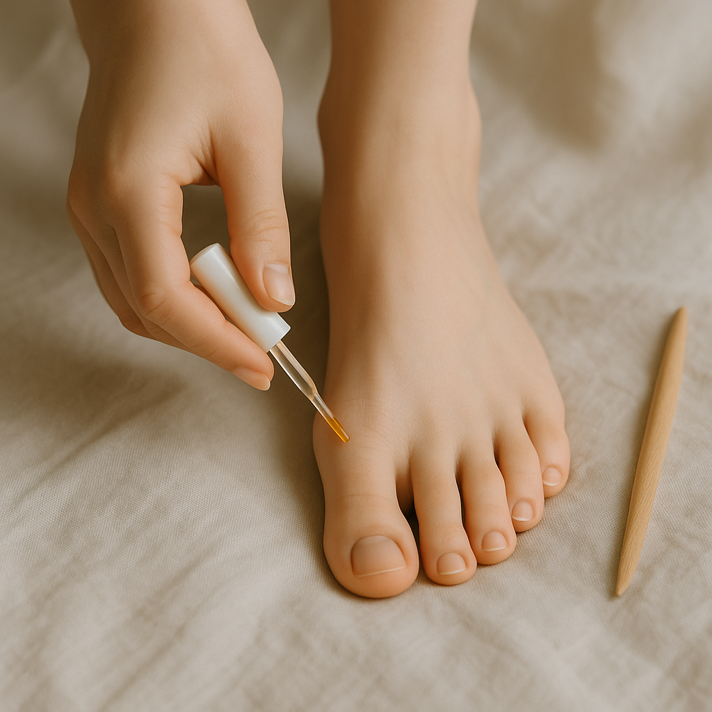 A neatly arranged foot care set including scrubs, masks, and creams on a wooden tray with towels and natural elements – part of LaniJam’s Foot Care Kits collection.