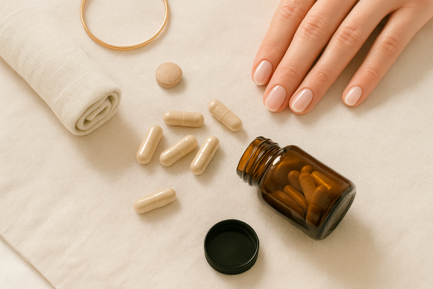 A flatlay of nail strengthening supplements in capsules and tablets, arranged with minimalist accessories on a soft neutral background – part of LaniJam’s Nail Strengthening Supplements collection.