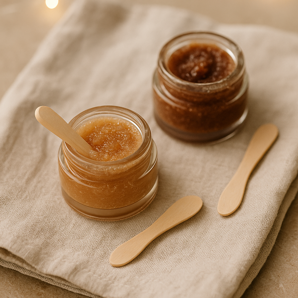 A cozy flatlay of lip scrub jars with natural exfoliating textures and small applicators, styled with soft linen – part of LaniJam’s Lip Scrubs collection.