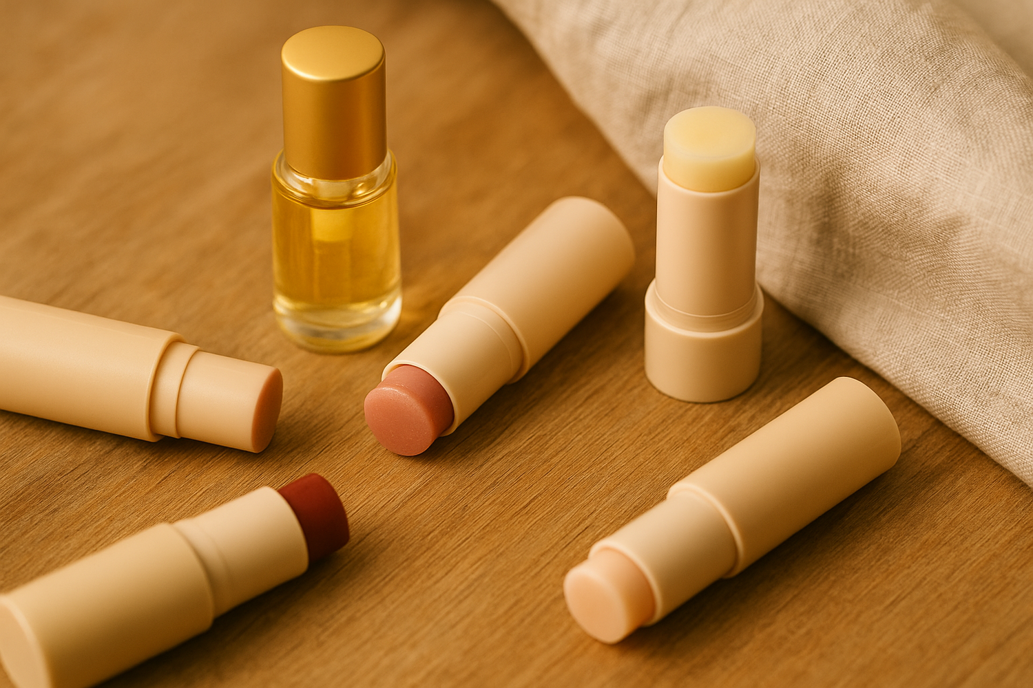 A flatlay of tinted and clear lip balms and oils in tubes and glass bottles, styled with delicate textures – part of LaniJam’s Lip Balms & Oils collection.