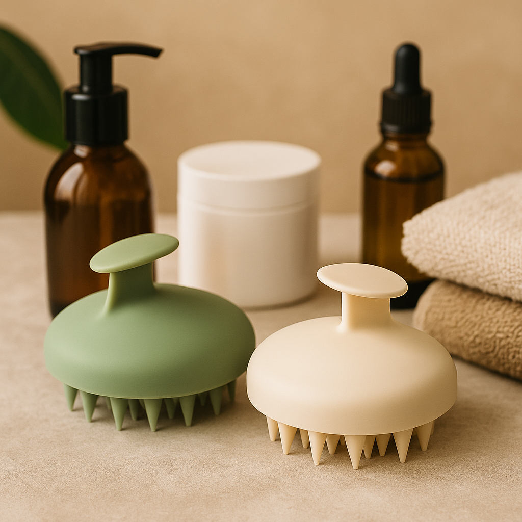 A clean flatlay of silicone scalp brushes placed beside natural hair care products and soft towels – part of LaniJam’s Scalp Brushes collection.