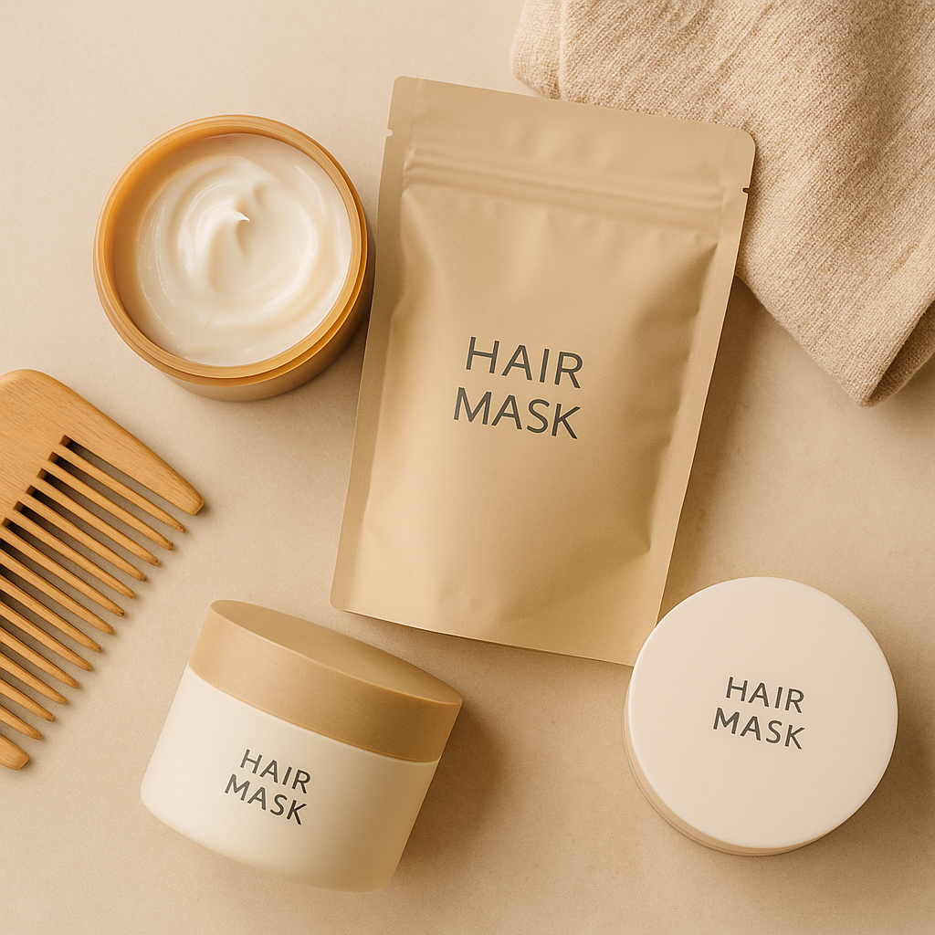 A spa-style flatlay of hair mask tubs and pouches arranged with a wooden comb and clean towel – part of LaniJam’s Hair Mask Packs collection.
