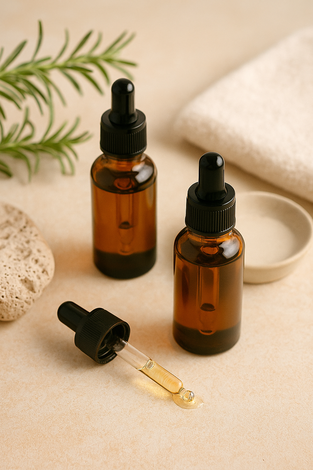 A flatlay of glass serum dropper bottles and scalp care products styled with botanical accents and clean textures – part of LaniJam’s Scalp Nutrients & Serums collection.
