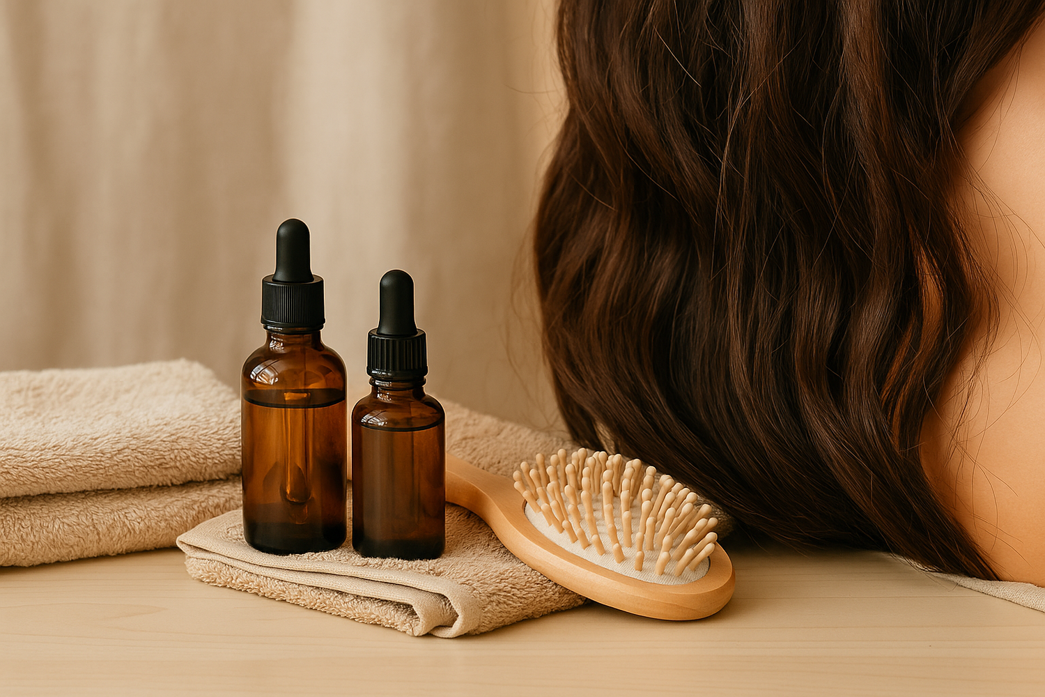 A styled flatlay of glass hair serum bottles with droppers placed on soft towels and wooden accents – part of LaniJam’s Hair Serums collection.