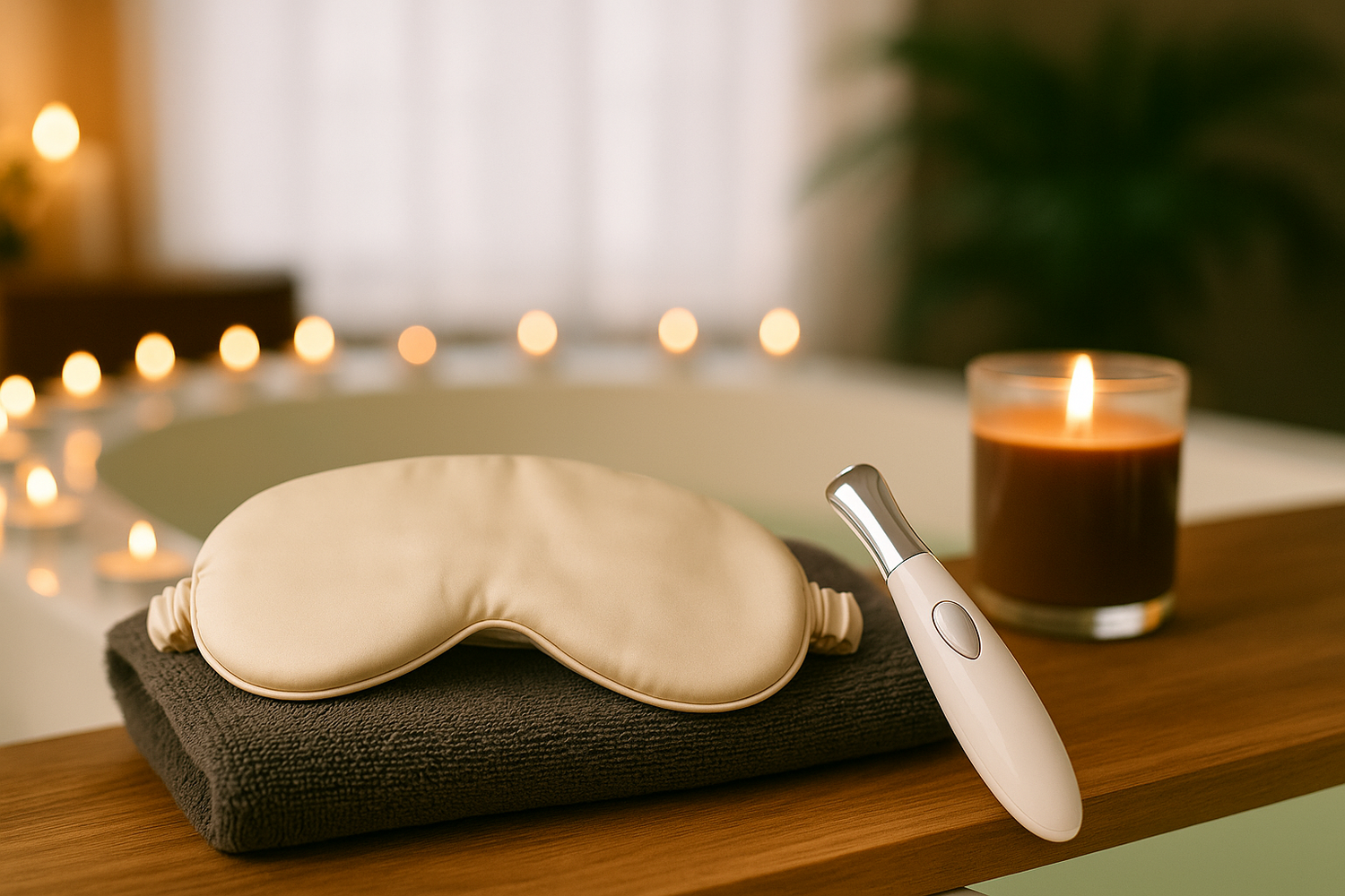 A woman resting in a calm home spa setting with soothing gel eye masks under her eyes – part of LaniJam’s Eye Masks & Treatments collection