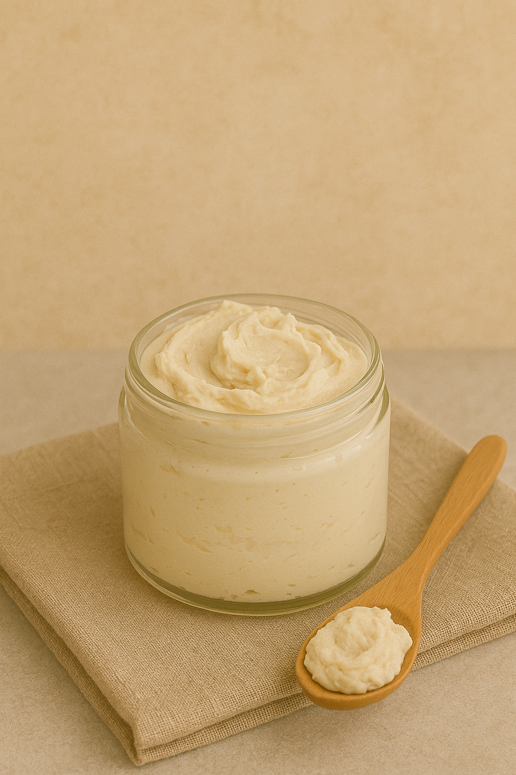An open glass jar of whipped body butter sits on a beige linen cloth, with a wooden spoon holding a dollop beside it – styled in warm tones as part of LaniJam’s nourishing Body Butters collection.