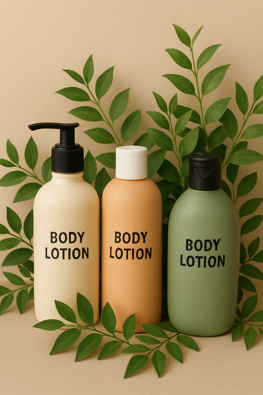 A minimal scene with a frosted bottle of body lotion on a natural-toned fabric surface, paired with a soft towel and greenery – part of LaniJam’s clean and comforting Body Lotions collection."